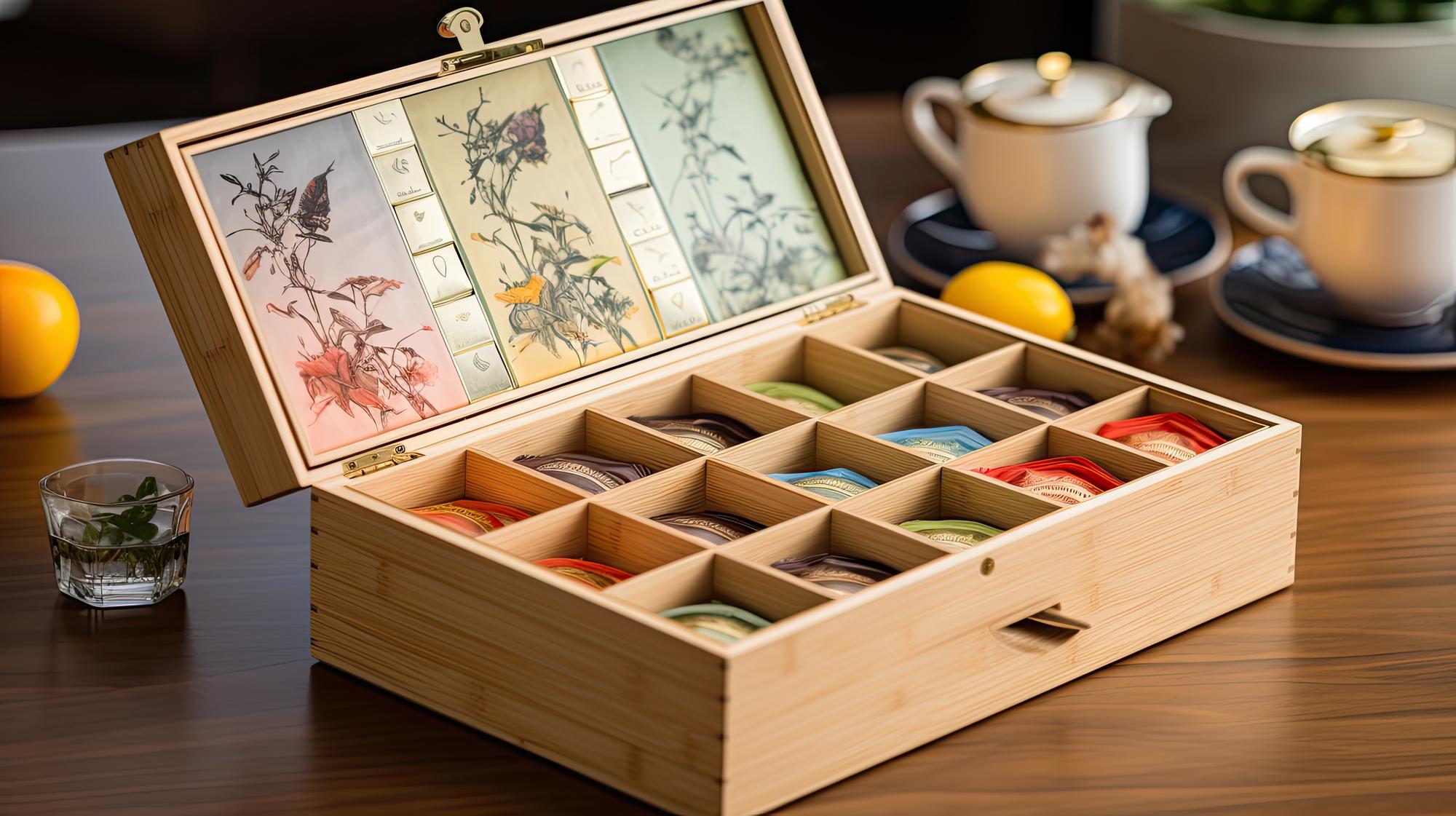 Three-tier subscription boxes on wooden table